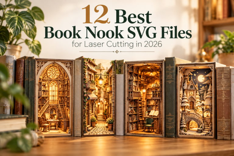 Book nook SVG files for laser cutting with miniature streets, libraries and fantasy bookshelf scenes