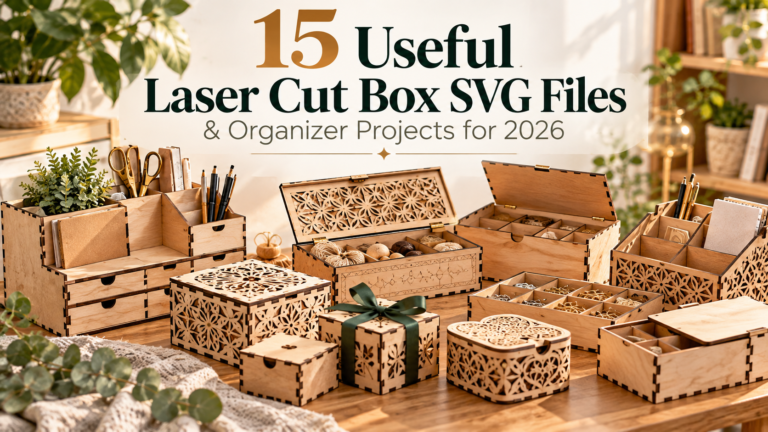 Laser cut box SVG files with wooden storage boxes, desk organizers and decorative gift boxes