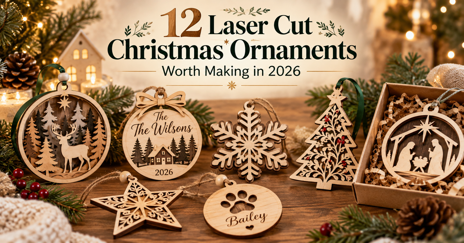 Laser cut Christmas ornaments for 2026 with layered wooden ornaments, festive holiday designs, and personalized laser cutting ideas.