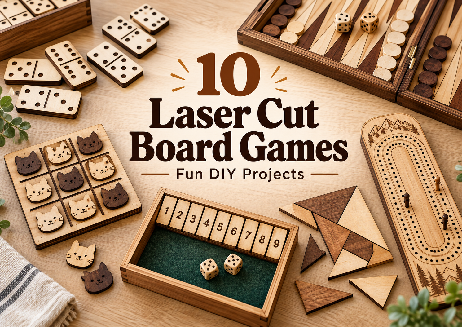 Wooden laser cut board games including dominoes, backgammon, tic tac toe, cribbage, and puzzle pieces on a tabletop