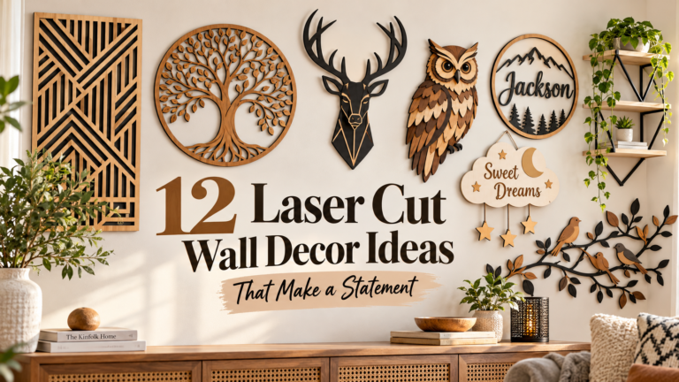 Laser cut wall decor ideas including geometric panels, layered animals, personalized signs and modern wall designs