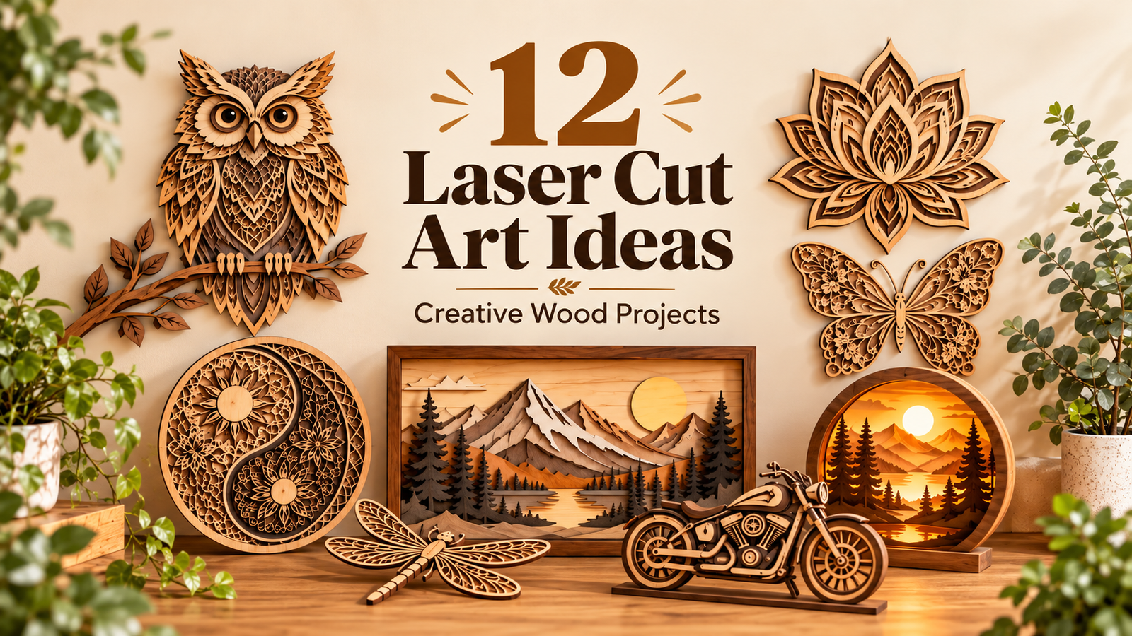 12 laser cut art ideas featuring layered wooden owl, lotus mandala, butterfly, yin yang, mountain landscape, and illuminated wall art designs.