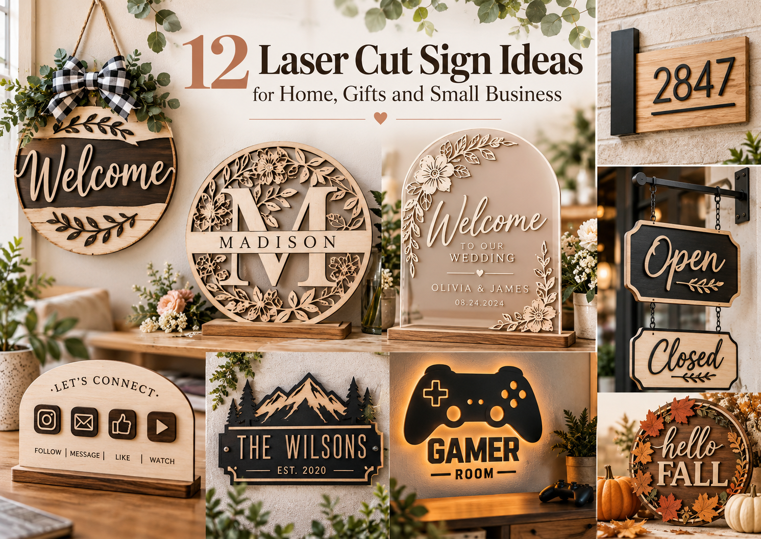 Laser cut sign ideas including welcome signs, house numbers, wedding signs, business signs and personalized designs