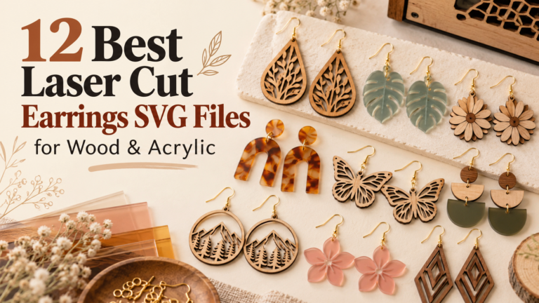 Laser cut earrings SVG designs featuring wooden and acrylic earrings in boho, floral, butterfly and geometric styles