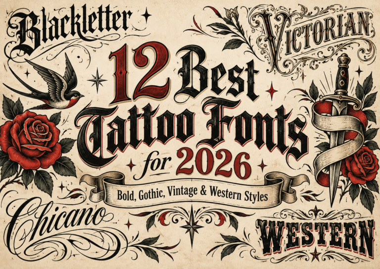 Tattoo fonts including gothic blackletter, Chicano, western, vintage and traditional lettering styles
