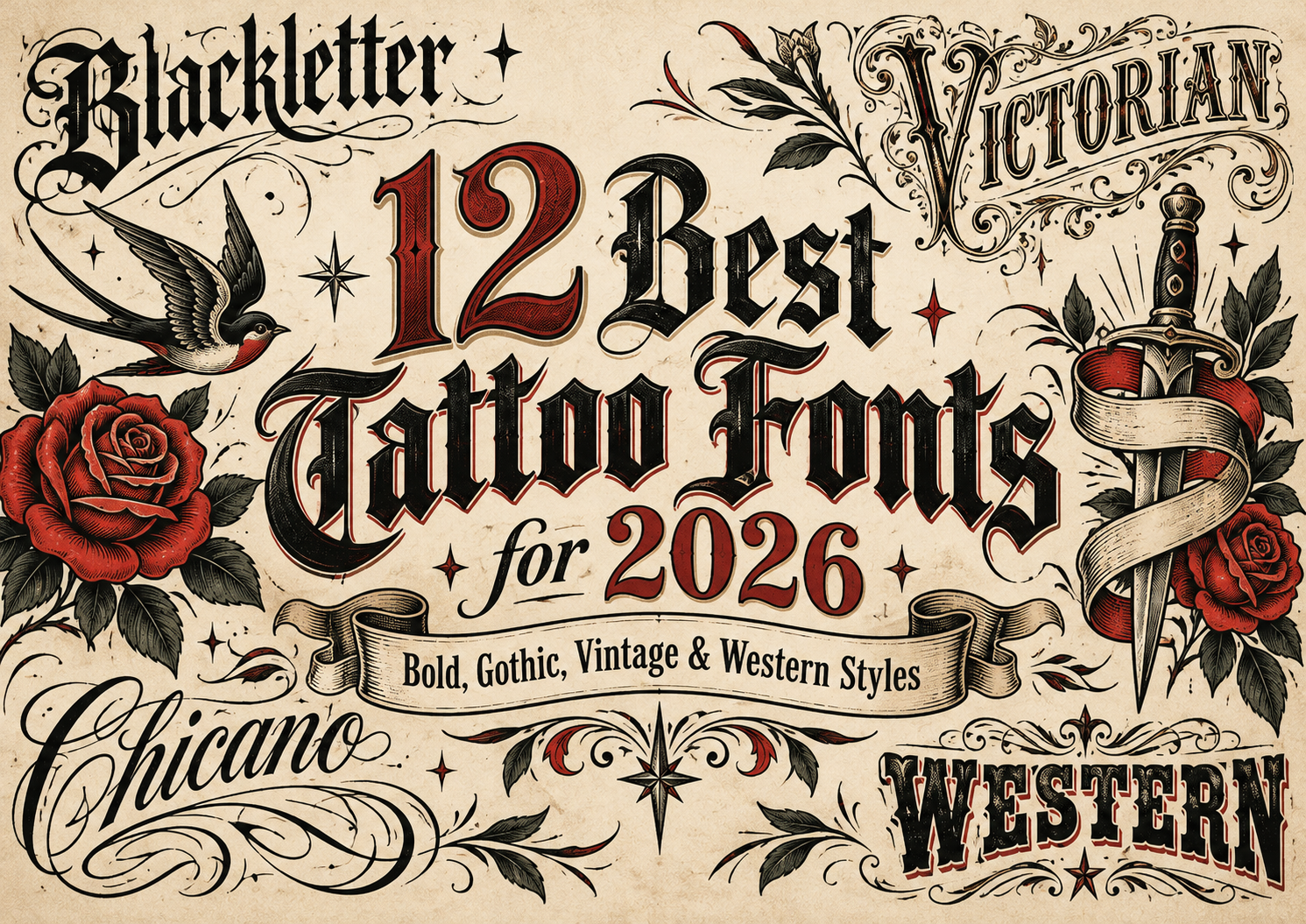 Tattoo fonts including gothic blackletter, Chicano, western, vintage and traditional lettering styles