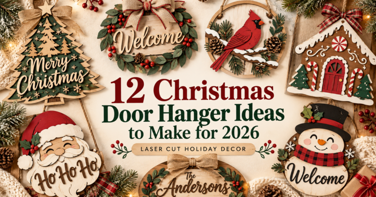 Christmas door hanger ideas including tree, wreath, Santa, snowman and gingerbread laser cut designs