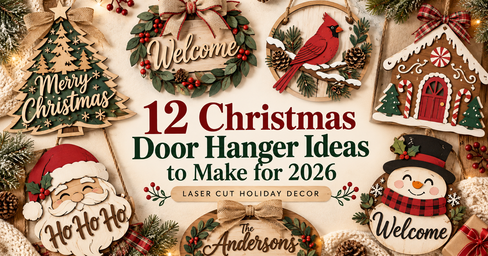 Christmas door hanger ideas including tree, wreath, Santa, snowman and gingerbread laser cut designs