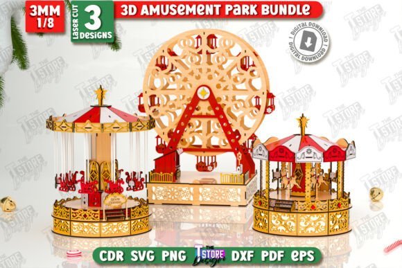 3D laser cut wooden amusement park models featuring a Ferris wheel and carousel