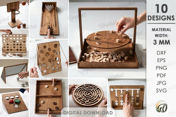 Laser cut wooden board game designs from a 3D board games bundle