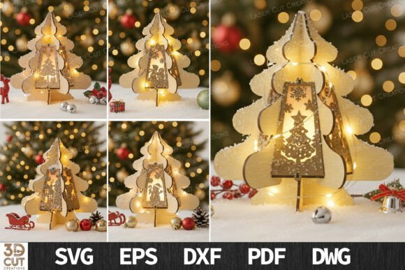 3D Christmas tree lantern laser cut bundle with festive wooden designs