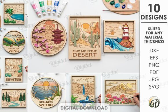3D layered laser cut coloring signs with paintable decorative designs