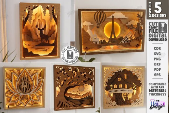 Layered laser cut lightbox bundle with decorative 3D scenes