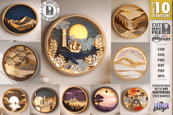 Modern circular laser cut wooden wall art with layered nature and landscape designs