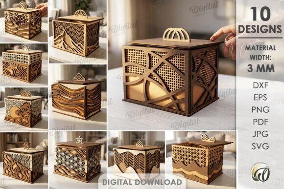 Layered wooden laser cut gift boxes with decorative geometric construction