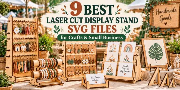 Laser cut display stand ideas for craft fairs featuring wooden keychain holders, jewelry displays, bracelet stands and greeting card racks.