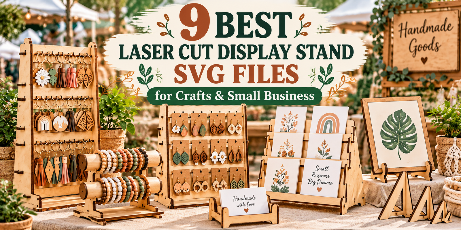 Laser cut display stand ideas for craft fairs featuring wooden keychain holders, jewelry displays, bracelet stands and greeting card racks.