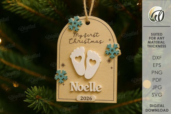 Laser cut wooden Baby's First Christmas keepsake decoration with festive details
