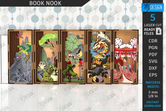 Book nook laser cut bundle with decorative bookshelf holders and miniature scenes