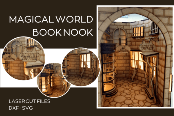 Layered book nook laser cut file made from wood with detailed miniature scene