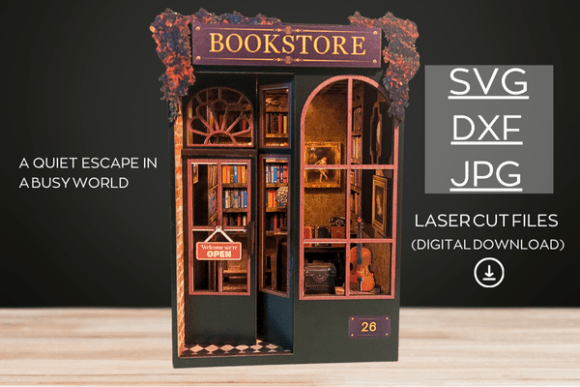 3D book nook laser cut file with detailed miniature interior and layered wooden design