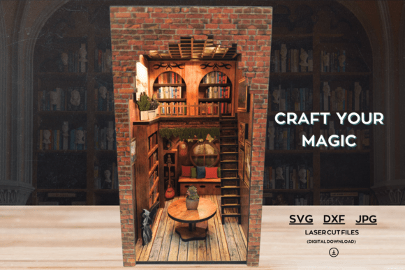 Detailed book nook laser cut file with layered miniature architectural scene