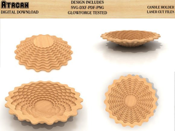 Decorative laser cut wooden bowl with layered curved design and natural wood finish
