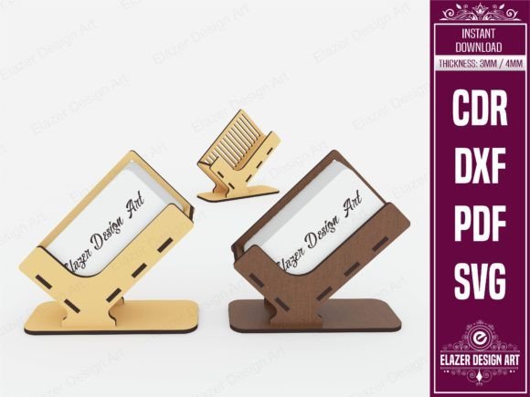 Laser cut wooden business card holder for displaying contact cards at craft fairs and small business counters.
