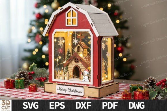 Christmas barn laser cut lantern light box with rustic holiday details
