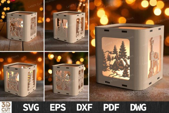 Laser cut wooden Christmas candle holder with decorative holiday cutout patterns