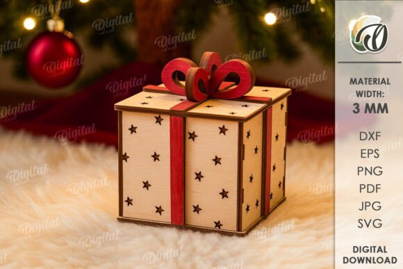 Decorative laser cut wooden Christmas gift box with layered holiday design