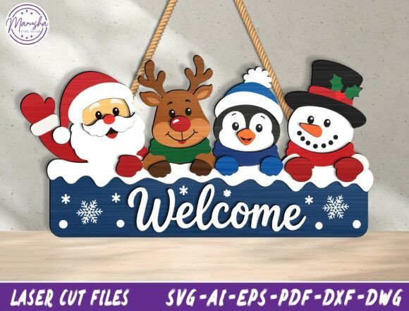 Snowman welcome Christmas door hanger layered laser cut design