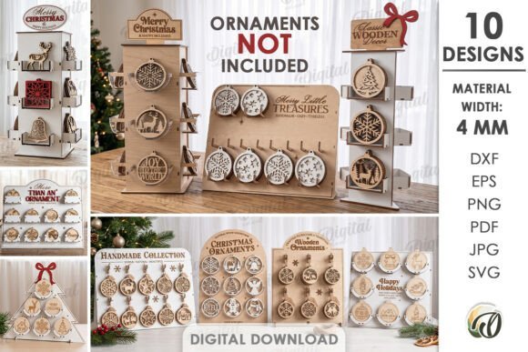 Wooden laser cut Christmas ornament display stands for festive tabletop decorations