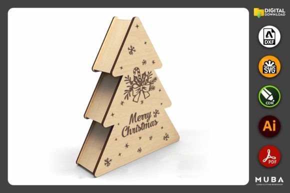 Christmas tree-shaped laser cut wooden gift box for small holiday presents