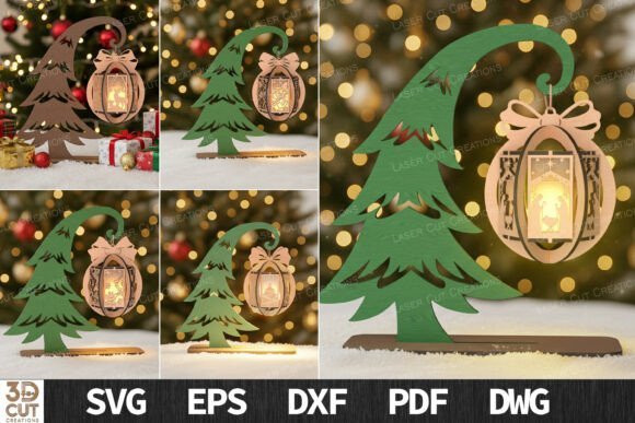 Christmas tree lantern laser cut bundle with festive illuminated holiday scenes