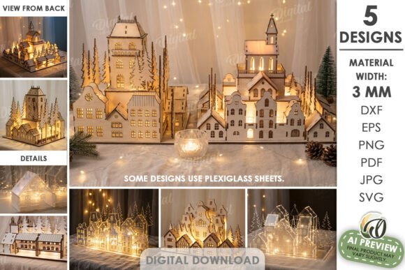 Laser cut Christmas village light stands with illuminated winter silhouettes