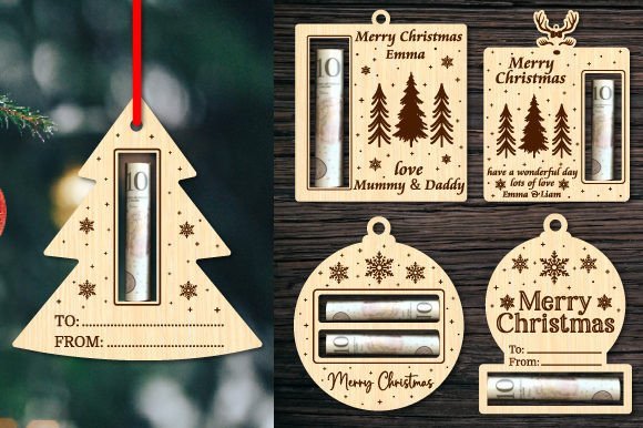 Laser cut Christmas money holder ornament for presenting cash as a holiday gift