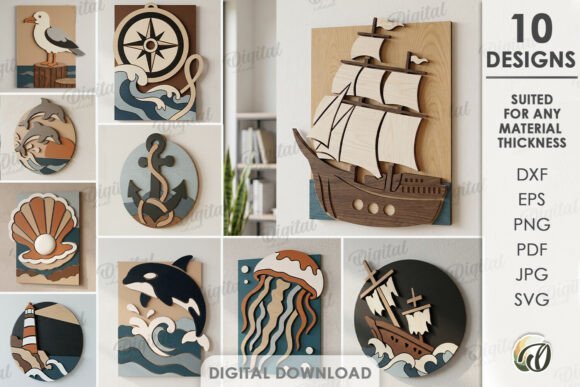Coastal-inspired laser cut wooden mosaic art with decorative ocean-themed patterns