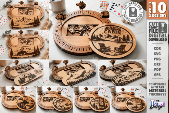 Decorative laser cut wooden cribbage boards with engraved designs