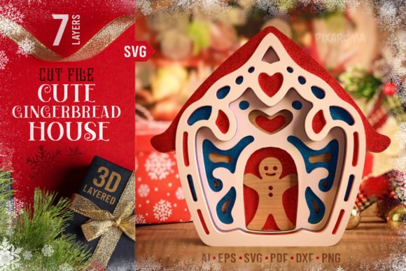 Colorful layered gingerbread house laser cut design for Christmas decor