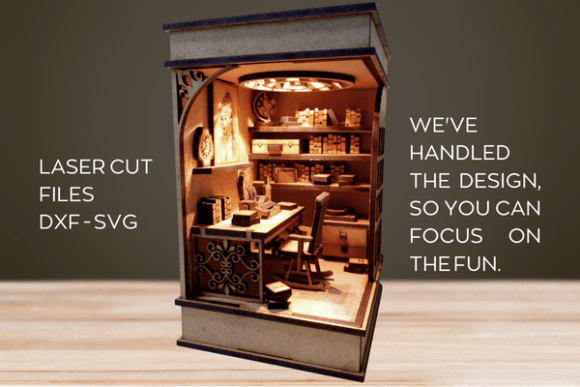 DIY book nook laser cut design for 3mm plywood with layered miniature interior