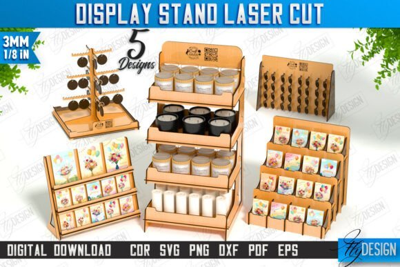 Laser cut wooden craft fair display stand for presenting handmade jewelry, keychains and small products.