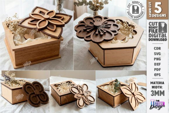 Floral laser cut wooden gift boxes with decorative flower patterns