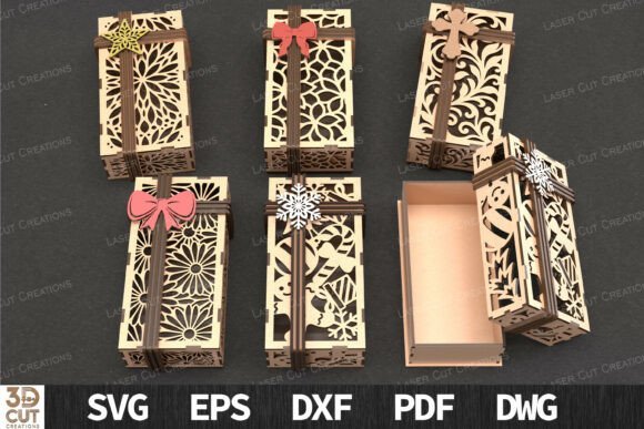 Collection of decorative 3D wooden gift box designs for laser cutting