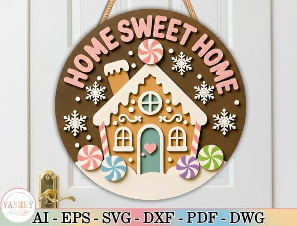 Gingerbread house Christmas door hanger with Home Sweet Home design