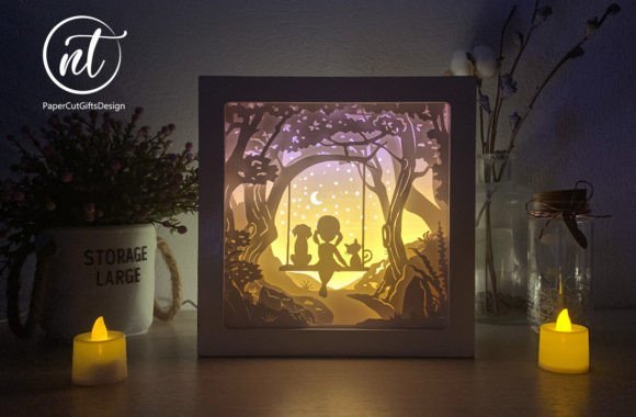 Girl with cat and dog layered paper shadow box lightbox