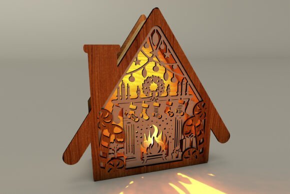 Wooden Christmas house lantern with decorative cutouts and warm LED light