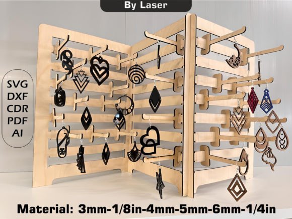 Tall laser cut wooden display stand for hanging keychains, earrings and handmade jewelry at craft fairs.