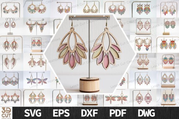 Collage of boho laser cut earrings featuring floral and geometric wooden designs