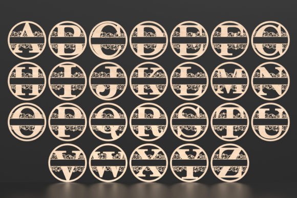 Laser cut circle monogram SVG alphabet with split letter designs for wood and acrylic projects